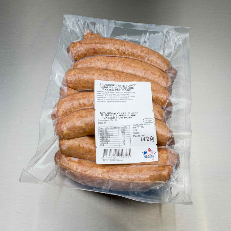 Saucisse fum&eacute;e cuite sup&eacute;rieure 1kg500 env. (12 saucisses de 125 g) | Calidel Pro